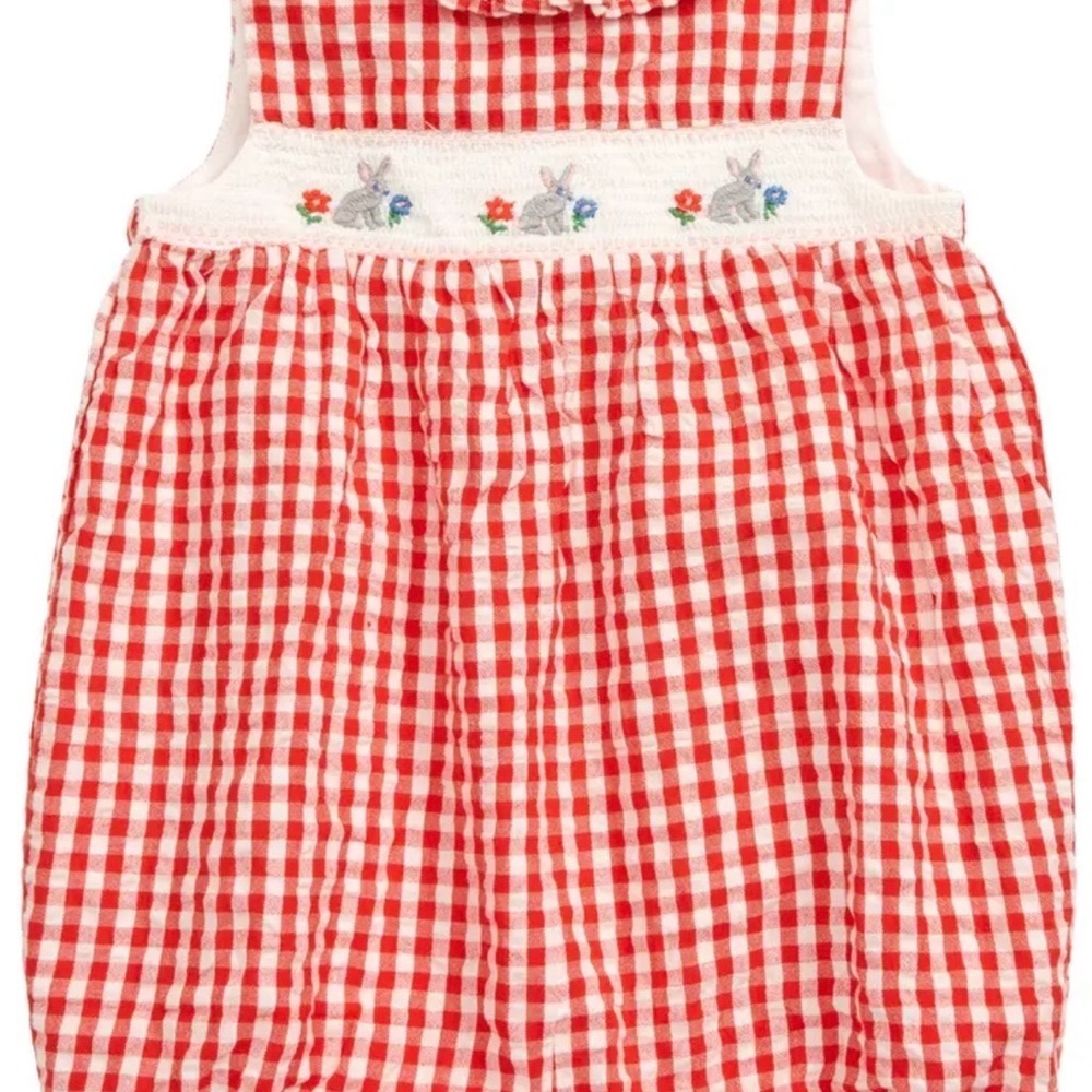 Mini Boden Romper Baby Girl 12-18 Months Red Gingham Smocked Bunny Ruffle Cotton